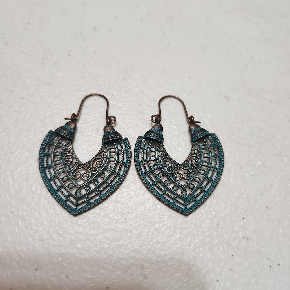 Bohemian Copper Teal Verdigris Filigree Shield Hoop Earrings Statement Tribal